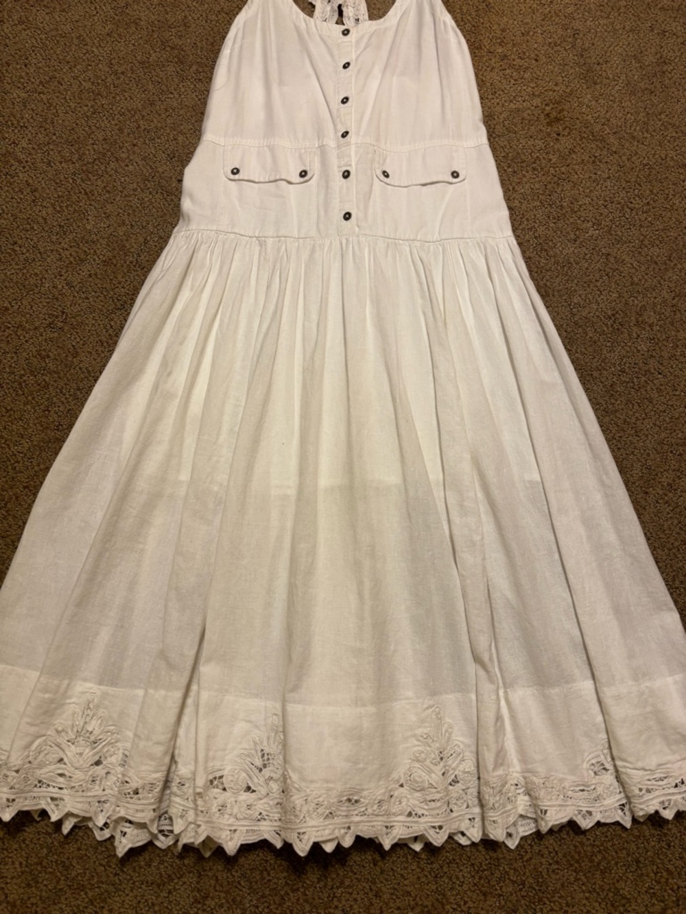 Free People Mayner Linen Cotton Battenburg Lace Trims Midi Dress - Picture 9 of 12